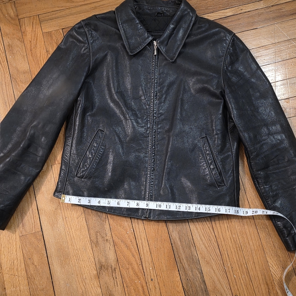 Vintage Black Leather Women's Moto Jacket-Y2K Classic Collar Metal Zips Grunge - Picture 10 of 14